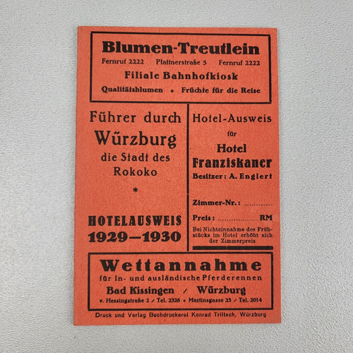Tessera hotel 1929 1930 - tessera, "hotel
